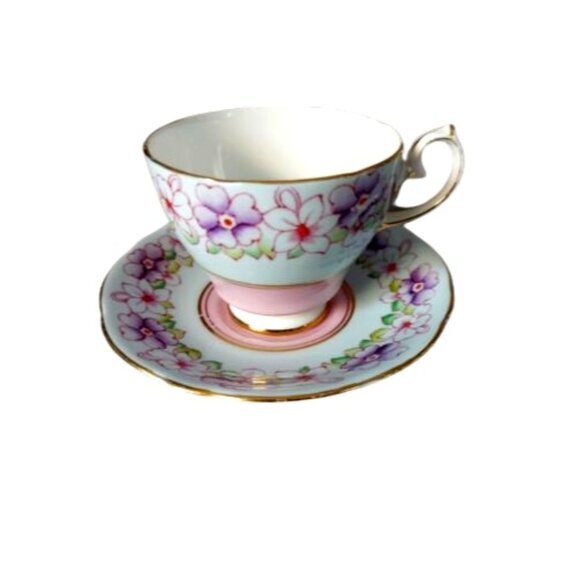 Gladstone Bone China Cup & Saucer Primrose 5863 Pink Purple Floral Gold Trim - Picture 1 of 10